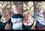  4boys :d aqua_background armor black_border blonde_hair blue_background blue_eyes border cape clenched_hand close-up closed_mouth crossed_arms dougi dragon_ball dragon_ball_z face father_and_son frown gloves highres letterboxed looking_at_viewer looking_to_the_side male_focus mattari_illust multiple_boys open_mouth panels profile purple_background red_background serious shaded_face simple_background smile son_gohan son_gokuu spiky_hair super_saiyan tank_top teeth trunks_(future)_(dragon_ball) twitter_username upper_body upper_teeth vegeta white_gloves 