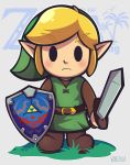  1boy artist_name belt black_eyes blonde_hair blush brown_belt brown_footwear commentary eyebrows_visible_through_hair frown green_headwear green_shirt highres holding holding_shield holding_sword holding_weapon link long_sleeves pointy_ears shield shirt shoes solo sword the_legend_of_zelda the_legend_of_zelda:_link&#039;s_awakening weapon woofzilla 