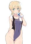 1girl ahoge artoria_pendragon_(all) blonde_hair bottle competition_swimsuit covered_navel cowboy_shot fate/stay_night fate_(series) flat_chest green_eyes highleg highleg_swimsuit highres kekemotsu long_hair looking_at_viewer low_ponytail one-piece_swimsuit open_mouth purple_swimsuit saber simple_background solo standing swimsuit towel towel_around_neck white_background white_towel 