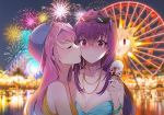  2girls backwards_hat bandeau belt bikini blue_bikini_top blurry blurry_background blush bracelet breasts candy carnival closed_eyes commentary_request crop_top damda deal_with_it ear_piercing eyewear_on_head fate/grand_order fate_(series) ferris_wheel fireworks food from_side hat heart heart-shaped_eyewear ice_cream_cone jewelry large_breasts long_hair medb_(fate)_(all) medb_(fate/grand_order) multicolored multicolored_background multiple_girls necklace nekoarc outdoors piercing pink_hair purple_hair red_eyes ring scathach_(fate)_(all) scathach_(fate/grand_order) shirt sleeveless strapless strapless_bikini sunglasses sunlight surprised swimsuit tubetop water wide-eyed wristband yellow_shirt yuri 