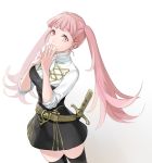  1girl belt closed_mouth fire_emblem fire_emblem:_three_houses garreg_mach_monastery_uniform hilda_valentine_goneril long_hair mikami pink_eyes pink_hair sheath sheathed short_sleeves simple_background solo thigh-highs twintails uniform white_background zettai_ryouiki 