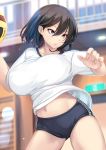  1girl ball black_hair blue_buruma blue_eyes bouncing_breasts breasts buruma cowboy_shot gym_uniform highres large_breasts midriff navel original shiki_(psychedelic_g2) short_hair solo sportswear sweat thighs 