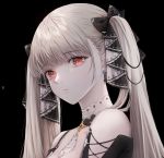  azur_lane bangs bare_shoulders black_background black_dress black_ribbon close-up closed_mouth collar commentary_request dress earrings expressionless eyebrows_visible_through_hair formidable_(azur_lane) frills gothic gothic_lolita hair_ornament hair_ribbon head_tilt highres jewelry lolita_fashion long_hair looking_at_viewer pale_skin platinum_blonde_hair red_eyes ribbon simple_background tagme take_heart7 twintails very_long_hair 