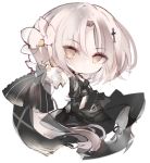  1girl aug_(girls_frontline) bangs black_dress black_gloves black_ribbon black_scarf chibi closed_mouth commentary_request dress eyebrows_visible_through_hair flower full_body girls_frontline gloves hair_flower hair_ornament hair_ribbon kotatu_(akaki01aoki00) long_hair long_sleeves looking_at_viewer ribbon scarf simple_background solo very_long_hair white_background white_hair yellow_eyes 