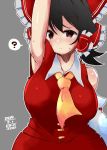  1girl ? arm_up armpits ascot bare_shoulders black_hair blush breasts commentary_request curvy dated detached_sleeves eyebrows_visible_through_hair goldcoin2525 grey_background hair_ribbon hair_tubes hakurei_reimu highres large_breasts light_frown looking_at_viewer no_nose red_eyes ribbon signature simple_background solo spoken_question_mark sweatdrop touhou 