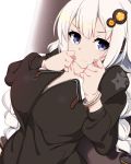  1girl black_coat blue_eyes bracelet braid breasts closed_mouth collarbone hair_ornament jewelry kizuna_akari kuro_mushi large_breasts long_hair long_sleeves looking_at_viewer pout solo twin_braids twintails upper_body voiceroid white_hair 