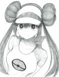  1girl absurdres artist_request breasts double_bun graphite_(medium) grin hair_between_eyes highres huge_filesize long_hair looking_at_viewer mechanical_pencil mei_(pokemon) pencil pokemon pokemon_(game) pokemon_bw2 raglan_sleeves shirt smile solo t-shirt traditional_media twintails very_long_hair visor_cap 