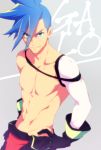  1boy 46tani artist_name belt_pouch black_gloves blue_eyes blue_hair character_name chest cowboy_shot galo_thymos gloves grey_background hair_between_eyes hand_on_hip looking_at_viewer male_focus navel pouch promare shirtless simple_background smile solo spiky_hair standing twitter_username 