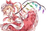 1girl ascot ayatsuki_sugure backless_outfit bare_back blonde_hair blush bow commentary_request crystal dress eyebrows_visible_through_hair flandre_scarlet frilled_dress frills hair_between_eyes hand_up hat hat_bow highres large_bow looking_at_viewer medium_hair mob_cap puffy_short_sleeves puffy_sleeves red_bow red_dress red_eyes red_ribbon ribbon ribbon-trimmed_headwear ribbon-trimmed_sleeves ribbon_trim short_sleeves side_ponytail simple_background smile solo touhou white_background white_bow wings wrist_cuffs yellow_neckwear 