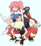  1girl 2boys aina_ardebit blue_eyes blue_hair breast_press closed_eyes galo_thymos gloves green_hair half_gloves lio_fotia multiple_boys open_mouth paper pink_hair promare short_hair shorts side_ponytail soto spiky_hair suspenders thigh-highs 