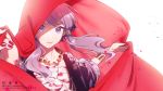  1girl bracelet cloak collarbone commentary expressionless floral_print highres holding_cloth japanese_clothes jewelry kimono koyubi_right lipstick looking_at_viewer makeup nail_polish neck_ruff petals purple_hair purple_kimono red_cloak red_nails sarashi short_hair_with_long_locks sidelocks solo upper_body violet_eyes vocaloid voiceroid white_background yuzuki_yukari 