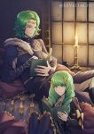  1boy 1girl absurdres book brother_and_sister candle circlet closed_mouth eeveetachi fire_emblem fire_emblem:_three_houses flayn_(fire_emblem) garreg_mach_monastery_uniform green_eyes green_hair hair_ornament highres holding holding_book huge_filesize knees_up long_hair long_sleeves open_book quill seteth_(fire_emblem) short_hair siblings sitting twitter_username uniform 