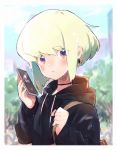  1boy androgynous blush cellphone earrings green_hair highres holding holding_cellphone holding_phone hood hoodie jewelry kouhara_yuyu lio_fotia male_focus open_mouth outdoors phone promare short_hair smartphone violet_eyes 