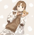  1girl absurdres bag bangs blush bob_cut brown_eyes brown_hair cream cream_on_face cream_puff dutch_angle elbow_pads finger_licking food food_on_face grocery_bag highres kana_(okitasougo222) licking long_sleeves original pants shirt shopping_bag short_hair simple_background solo sweater_vest tongue white_pants 