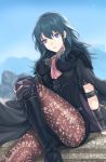  1girl akina_(akn_646) armor black_cape blue_eyes blue_hair byleth_(fire_emblem) byleth_eisner_(female) cape closed_mouth fire_emblem fire_emblem:_three_houses high_heels highres medium_hair pantyhose sitting solo 