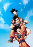  3boys :d ^_^ black_hair blue_footwear blue_sky blurry bokeh boots brothers carrying closed_eyes clouds cloudy_sky d: day depth_of_field dougi dragon_ball dragon_ball_z dutch_angle father_and_son fingernails fisheye full_body grass hands_on_another&#039;s_knees hands_on_another&#039;s_leg happy highres looking_at_another looking_down male_focus mattari_illust multiple_boys open_mouth outdoors shoulder_carry siblings sky smile son_gohan son_gokuu son_goten spiky_hair standing teeth upper_body wind wind_lift wristband 