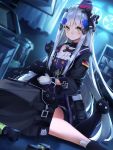  1girl bag cat commentary_request explosive german_flag girls_frontline gloves green_eyes grenade hair_ribbon hat highres hk416_(girls_frontline) iron_cross long_hair looking_at_viewer mini_hat mod3_(girls_frontline) pot-palm ribbon silver_hair sitting 