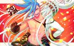  1boy belt belt_pouch blue_eyes blue_hair brown_gloves clenched_hand copyright_name galo_thymos gloves hand_on_hip highres holding holding_weapon male_focus mecyo_(mamezurushiki) navel one_eye_closed pouch promare red_background shirtless solo spiky_hair standing upper_body weapon 