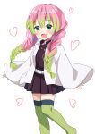  1girl :d absurdres agung_syaeful_anwar bangs belt belt_buckle black_jacket black_skirt blush braid buckle eyebrows_visible_through_hair feet_out_of_frame gradient_hair green_eyes green_hair green_legwear hair_between_eyes heart highres jacket kanroji_matsuri kimetsu_no_yaiba long_hair long_sleeves looking_at_viewer multicolored_hair no_shoes open_clothes open_mouth pink_hair pleated_skirt simple_background skirt sleeves_past_wrists smile standing standing_on_one_leg thigh-highs twin_braids twintails very_long_hair white_background white_belt wide_sleeves younger 