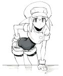  1girl belt bike_shorts bodysuit cabbie_hat closed_mouth gloves greyscale hat highres jacket kotoyama leaning_forward long_hair looking_at_viewer monochrome open_mouth rockman rockman_dash roll_caskett short_sleeves shorts simple_background solo white_background 