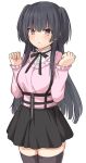  1girl bangs black_legwear black_skirt blush brown_eyes copyright_request eyebrows_visible_through_hair long_hair long_sleeves looking_at_viewer parted_lips shirt shiseki_hirame simple_background skirt solo thigh-highs twintails white_background white_shirt 