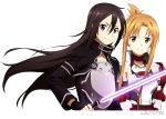  1boy 1girl absurdres artist_request asuna_(sao) highres holding holding_weapon kirito light_rays long_hair looking_at_viewer sword sword_art_online sword_art_online_alicization weapon 
