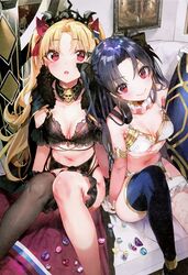  2girls 3: absurdres adapted_costume alternate_costume bangs black_bra black_hair black_legwear blonde_hair bra breasts cape ereshkigal_(fate/grand_order) eyebrows_visible_through_hair fate/grand_order fate_(series) fishnet_legwear fishnets fur_trim garter_belt gloves highres ishtar_(fate/grand_order) lingerie looking_at_viewer mismatched_legwear multiple_girls navel navy_blue_legwear nekometaru panties parted_bangs red_eyes scan single_thighhigh sitting small_breasts thigh-highs tiara two_side_up underwear white_bra white_gloves white_panties 