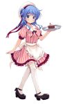  1girl alternate_costume apron black_footwear blue_eyes blue_hair cake closed_mouth double_bun dress food frilled_apron frills hat kantai_collection looking_at_viewer mary_janes medium_hair odawara_hakone red_dress sailor_hat shoes simple_background smile solo striped striped_dress thigh_gap tray urakaze_(kantai_collection) waist_apron waitress white_apron white_background white_headwear white_legwear 