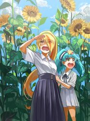  2girls bangs blonde_hair blue_hair blue_sky bow bowtie dress flower hair_ornament hoshikawa_lily long_hair multicolored_hair multiple_girls nikaidou_saki open_mouth plant ribbon sgen skirt sky smile star star_hair_ornament sunflower sweatdrop yellow_eyes zombie_land_saga 