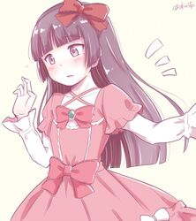  1girl bangs black_hair blunt_bangs bow collarbone cosplay creator_connection dress eromanga_sensei eyebrows_visible_through_hair gokou_ruri hair_bow herunin lolita_fashion long_hair looking_down mole mole_under_eye ore_no_imouto_ga_konna_ni_kawaii_wake_ga_nai pink_bow pink_dress red_bow simple_background solo twitter_username violet_eyes white_background yamada_elf yamada_elf_(cosplay) 