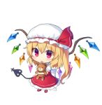  1girl :o blonde_hair blush bow chibi cite eyebrows_visible_through_hair flandre_scarlet frills full_body hair_between_eyes hat hat_bow holding laevatein large_bow lowres mob_cap no_nose red_eyes red_footwear short_hair short_sleeves side_ponytail simple_background skirt skirt_set solo stuffed_animal stuffed_toy team_shanghai_alice teddy_bear touhou vampire white_background wings yada_(xxxadaman) 