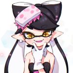 +_+ 1girl black_hair black_jumpsuit blush brown_eyes busujima_funya callie_(splatoon) commentary detached_collar domino_mask dress earrings eyebrows_visible_through_hair fangs food food_on_head gloves jewelry light_particles long_hair looking_at_viewer mask mole mole_under_eye object_on_head open_mouth pointy_ears purple_tongue simple_background smile solo splatoon_(series) splatoon_1 strapless strapless_dress tentacle_hair upper_body v white_background white_gloves