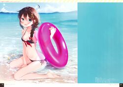  1girl absurdres adapted_costume ahoge bad_feet barefoot beach bikini black_bikini black_hair blue_eyes blue_sky braid breasts clouds day error hair_between_eyes hair_ornament hair_over_shoulder highres huge_filesize innertube island kantai_collection long_hair looking_at_viewer naoto_(tulip) outdoors pink_innertube remodel_(kantai_collection) scan shigure_(kantai_collection) side-tie_bikini single_braid sitting sky small_breasts solo swimsuit wariza water 