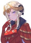  1girl armor blonde_hair blue_eyes cape crown edelgard_von_hresvelg fire_emblem fire_emblem:_three_houses gloves hair_ornament horns hoshido1214 jewelry long_hair looking_at_viewer red_cape simple_background solo white_background 