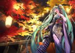  1girl aqua_eyes aqua_hair autumn_leaves bag flower hair_flower hair_ornament hatsune_miku highres japanese_clothes kimono lantern long_hair mt_(ringofive) night night_sky obi open_mouth outdoors paper_lantern railing sash sky smile solo standing twintails very_long_hair vocaloid 