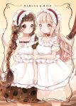  2girls apron bell bell_choker blonde_hair blush bow bow_choker braid breasts brown_dress brown_eyes brown_hair choker coffee_beans_print dress highres long_hair maid_apron maid_headdress multiple_girls no_nose omimi_(hoppe033) original puffy_sleeves red_bow red_ribbon ribbon short_sleeves smile twin_braids twitter_username yellow_background yellow_dress yellow_eyes 