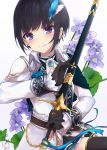  1girl artist_name ascot balt black_gloves black_hair blue_flower blue_rose bob_cut brooch capelet check_flower commentary_request dear_knight feathers flower gloves hair_feathers holding holding_sword holding_weapon idolmaster idolmaster_cinderella_girls jewelry leaf looking_at_viewer ramr2775 ribbon rose sheath sheathed shirayuki_chiyo simple_background smile solo sword thigh-highs violet_(flower) violet_eyes weapon white_background white_coat 