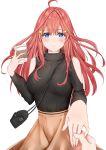  1girl absurdres ahoge bag bangs between_breasts black_shirt blue_eyes blurry blush border breasts brown_skirt closed_mouth coffee coffee_cup cowboy_shot cup disposable_cup eyebrows_visible_through_hair eyes_visible_through_hair fingernails go-toubun_no_hanayome hair_ornament hand_up highres holding holding_cup holding_hands long_hair looking_at_viewer nakano_itsuki open_mouth outstretched_arm reaching_out shirt shoulder_bag shoulder_cutout simple_background skirt solo_focus star star_hair_ornament sweater turtleneck turtleneck_sweater white_background 