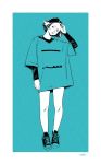  1girl black_shirt blue_shirt blue_theme cotoh_tsumi full_body long_sleeves looking_at_viewer monochrome original oversized_clothes oversized_shirt shirt shoes short_hair short_over_long_sleeves short_sleeves signature solo standing t-shirt 