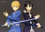  2boys absurdres artist_request blonde_hair crossed_swords eugeo highres holding holding_weapon kirito looking_at_viewer multiple_boys sword sword_art_online sword_art_online_alicization weapon 