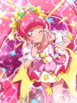  1girl ;) ahoge choker closed_mouth collarbone cure_star earrings eyebrows_visible_through_hair hand_on_hip hoop_earrings hoshina_hikaru jewelry long_hair looking_at_viewer magical_girl one_eye_closed pink_eyes pink_hair pink_legwear precure single_thighhigh smile solo standing star star_twinkle_precure thigh-highs thighhighs tj-type1 twintails very_long_hair 