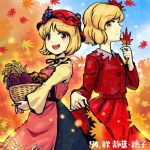  2girls aki_minoriko aki_shizuha apron basket black_skirt blonde_hair character_name dress food fruit grapes holding leaf lowres meimaru_inuchiyo multiple_girls pink_apron red_dress red_headwear red_skirt short_hair siblings sisters skirt skirt_hold sky sweet_potato touhou wheat yellow_eyes 