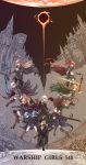  6+girls absurdres armor artorias_the_abysswalker bangs black_cloak black_hair black_headwear blonde_hair bloodborne blue_skirt boots breasts brown_footwear cape castle character_request cloak commentary_request copyright_name dark_souls_iii eileen_the_crow fire green_cape hat hat_feather highres holding_shield huge_filesize hunter_(bloodborne) lady_maria_of_the_astral_clocktower lamp long_braid long_hair looking_at_viewer medium_hair miniskirt multiple_girls rhineheim shield skirt souls_(from_software) sword tagme twintails warship_girls_r weapon white_hair 