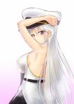  1girl arm_up azur_lane bangs bare_arms bare_shoulders belt black_belt black_neckwear breasts collared_shirt commentary_request ears_visible_through_hair enterprise_(azur_lane) eyebrows_visible_through_hair from_side fujikusa furrowed_eyebrows hand_on_headwear hat high_belt highres large_breasts light_blush long_hair looking_at_viewer looking_to_the_side necktie peaked_cap shirt sideboob silver_hair sleeveless sleeveless_shirt solo upper_body very_long_hair violet_eyes white_headwear wing_collar 