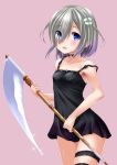  1girl bangs bare_arms bare_shoulders black_choker black_dress black_panties blue_eyes blush choker collarbone commentary_request dress eyebrows_visible_through_hair eyes_visible_through_hair flower glint green_flower grey_hair hair_flower hair_ornament hair_over_one_eye highres holding holding_scythe holding_weapon isuzu_ren kaze_makase looking_at_viewer magia_record:_mahou_shoujo_madoka_magica_gaiden mahou_shoujo_madoka_magica open_mouth panties pink_background scythe simple_background skindentation sleeveless sleeveless_dress solo strap_slip thigh_strap underwear upper_teeth weapon 