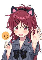  1girl animal_ears bangs black_bow black_scrunchie blush bow chigusa_asuha claw_pose collared_shirt dress_shirt emoji eyebrows_visible_through_hair fake_animal_ears fang fingernails grey_shirt hair_between_eyes hair_ornament hair_scrunchie hairclip high_ponytail long_hair long_sleeves open_mouth ponytail qualidea_code red_eyes redhead scrunchie sekiya_asami shirt simple_background solo sweat upper_body v-shaped_eyebrows very_long_hair white_background 