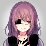  1girl avatar_icon bangs black_eyepatch black_nails choker closed_mouth commentary_request eyepatch grey_background hand_up kuroi_(liar-player) long_hair looking_at_viewer nail_polish original purple_hair ribbon_choker smile solo upper_body violet_eyes wavy_hair 