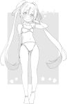  1girl ass_visible_through_thighs bangs bare_arms bare_shoulders blush bra closed_mouth collarbone copyright_request eyebrows_visible_through_hair grey_background greyscale hair_between_eyes hand_up jigatei_(omijin) long_hair looking_at_viewer monochrome navel no_shoes panties socks solo standing star translation_request twintails two-tone_background underwear underwear_only very_long_hair white_background 