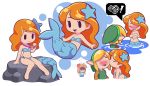  absurdres anger_vein angry bikini blonde_hair blue_bikini blush cheek_kiss hair_ornament hat highres jewelry kiss link long_hair marin_(the_legend_of_zelda) mermaid mermaid_costume monster_girl navel necklace open_mouth orange_hair partially_submerged rock sitting starman_jr. stomach swimsuit the_legend_of_zelda the_legend_of_zelda:_link&#039;s_awakening topless water 