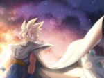  2boys aqua_eyes arms_at_sides backlighting blonde_hair blurry bokeh cape clothes_lift depth_of_field dougi dragon_ball dragon_ball_z facing_away floating_hair frown green_skin highres looking_at_another looking_at_viewer looking_back male_focus mattari_illust multiple_boys orange_sky outdoors piccolo pointy_ears profile purple_sky serious sky smile son_gohan spiky_hair star_(sky) starry_sky sun sunlight sunset super_saiyan turban upper_body wind wind_lift wristband yellow_sky 